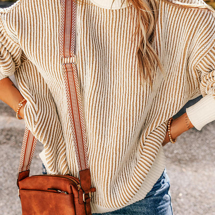 Women's Striped Contrast Color Warm Sweater Loose Long Sleeve Pullover Cardigan