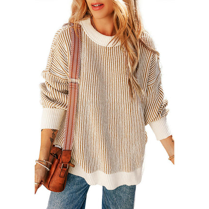 Women's Striped Contrast Color Warm Sweater Loose Long Sleeve Pullover Cardigan