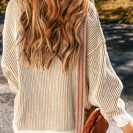 Women's Striped Contrast Color Warm Sweater Loose Long Sleeve Pullover Cardigan