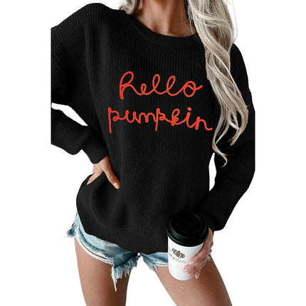 Women's Letter Jacquard Sweater Casual Long Sleeve Warm Round Neck Sweater