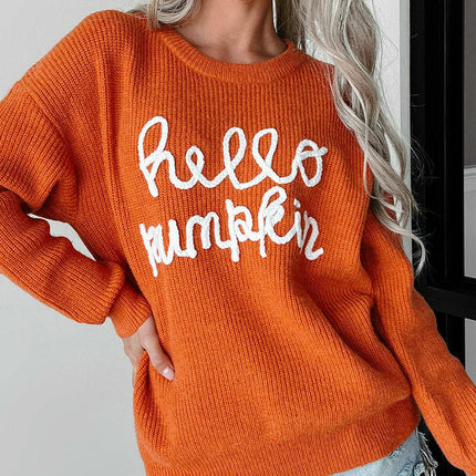 Women's Letter Jacquard Sweater Casual Long Sleeve Warm Round Neck Sweater