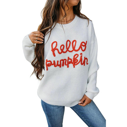 Women's Letter Jacquard Sweater Casual Long Sleeve Warm Round Neck Sweater