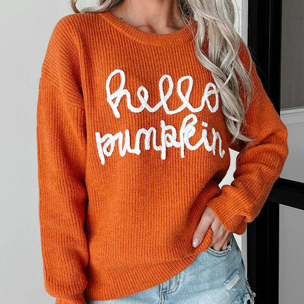 Women's Letter Jacquard Sweater Casual Long Sleeve Warm Round Neck Sweater
