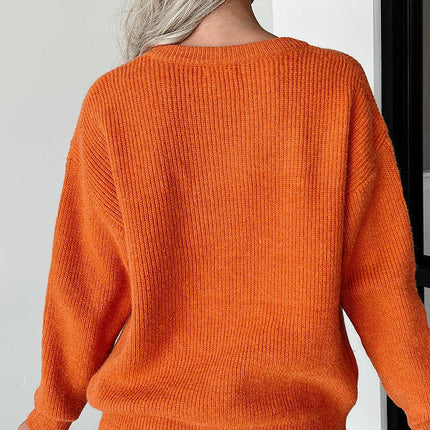Women's Letter Jacquard Sweater Casual Long Sleeve Warm Round Neck Sweater