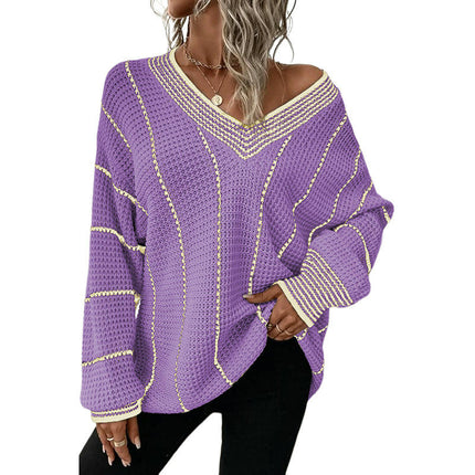 Women's Pullover V-neck Knitted Top Casual Long Hip-Covering Striped Sweater