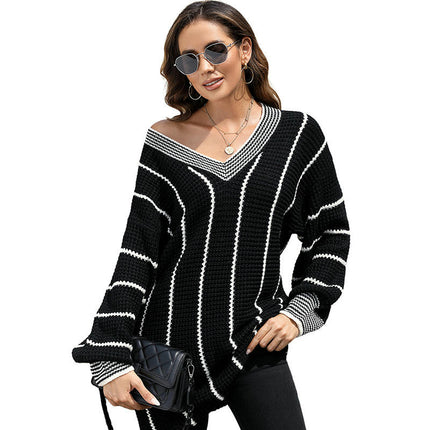 Women's Pullover V-neck Knitted Top Casual Long Hip-Covering Striped Sweater