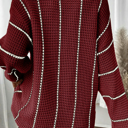 Women's Pullover V-neck Knitted Top Casual Long Hip-Covering Striped Sweater