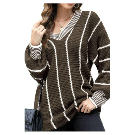 Women's Pullover V-neck Knitted Top Casual Long Hip-Covering Striped Sweater