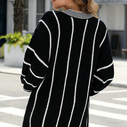 Women's Pullover V-neck Knitted Top Casual Long Hip-Covering Striped Sweater