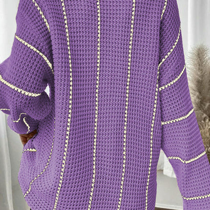 Women's Pullover V-neck Knitted Top Casual Long Hip-Covering Striped Sweater