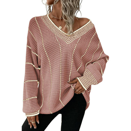 Women's Pullover V-neck Knitted Top Casual Long Hip-Covering Striped Sweater