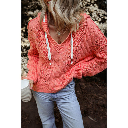 Womens Solid Color Pullover Long Sleeve Cable Knit Top Drawstring Hooded Sweater