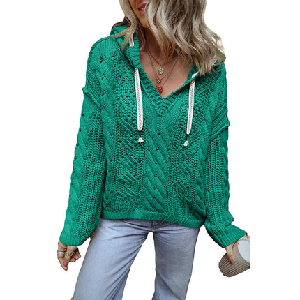 Womens Solid Color Pullover Long Sleeve Cable Knit Top Drawstring Hooded Sweater