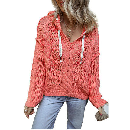 Womens Solid Color Pullover Long Sleeve Cable Knit Top Drawstring Hooded Sweater