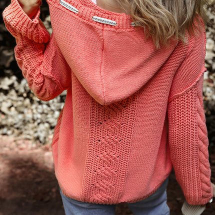 Womens Solid Color Pullover Long Sleeve Cable Knit Top Drawstring Hooded Sweater