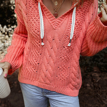 Womens Solid Color Pullover Long Sleeve Cable Knit Top Drawstring Hooded Sweater