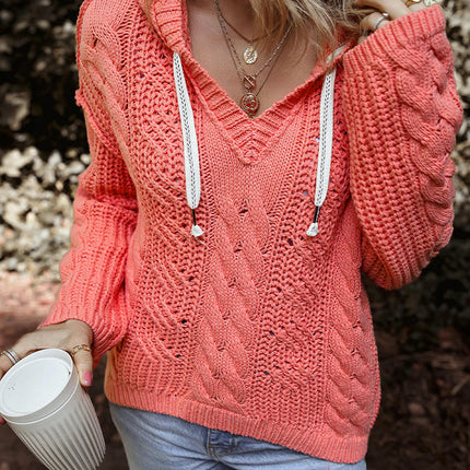 Womens Solid Color Pullover Long Sleeve Cable Knit Top Drawstring Hooded Sweater