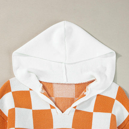 Women's Plaid Colorblock Hooded Sweater Warm and Versatile Pullover Top