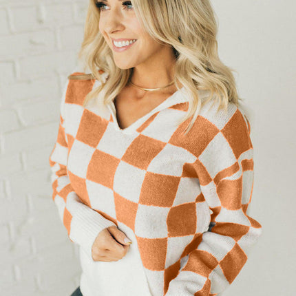 Women's Plaid Colorblock Hooded Sweater Warm and Versatile Pullover Top