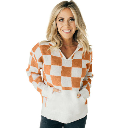 Women's Plaid Colorblock Hooded Sweater Warm and Versatile Pullover Top