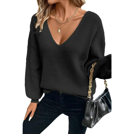 Back Bow Pullover Women's Solid Color Long Sleeve Fashion Casual V-Neck Sweater