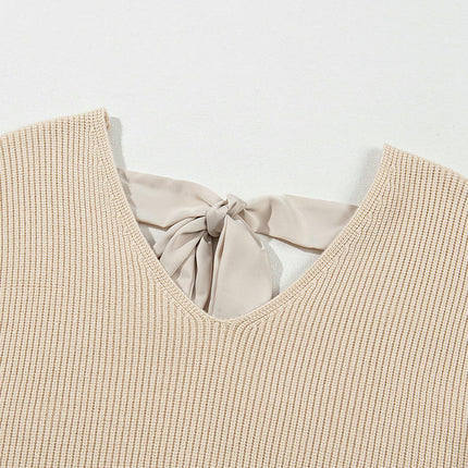 Back Bow Pullover Women's Solid Color Long Sleeve Fashion Casual V-Neck Sweater