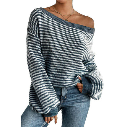 Women's Long-sleeved Striped Off-Shoulder Sweater With Vintage Loose Knitwear