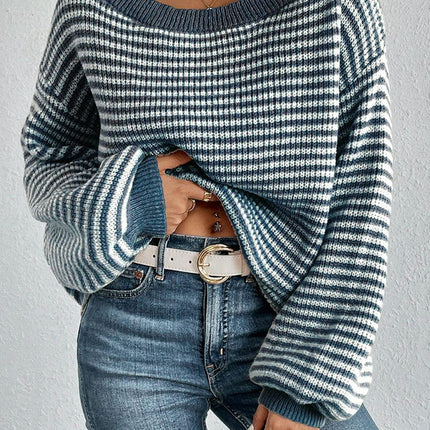 Women's Long-sleeved Striped Off-Shoulder Sweater With Vintage Loose Knitwear
