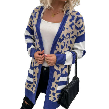 Leopard Print Cardigan Sweater Women's Casual Warm Mid-Length Knitted Cardigan