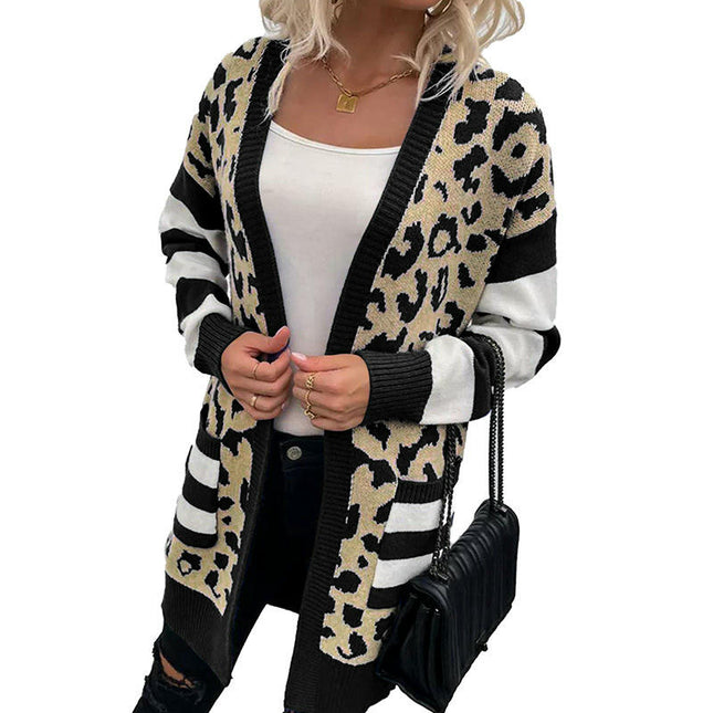 Leopard Print Cardigan Sweater Women's Casual Warm Mid-Length Knitted Cardigan