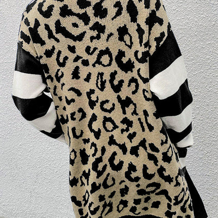 Leopard Print Cardigan Sweater Women's Casual Warm Mid-Length Knitted Cardigan