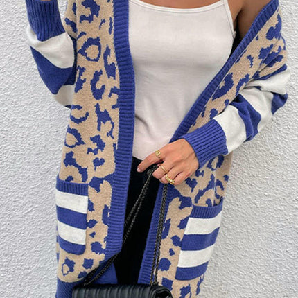 Leopard Print Cardigan Sweater Women's Casual Warm Mid-Length Knitted Cardigan