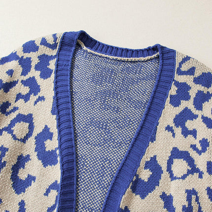 Leopard Print Cardigan Sweater Women's Casual Warm Mid-Length Knitted Cardigan