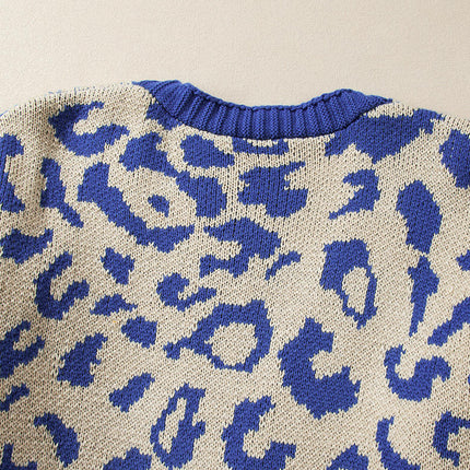 Leopard Print Cardigan Sweater Women's Casual Warm Mid-Length Knitted Cardigan