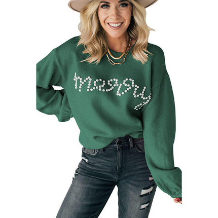 Round Neck Beaded Pullover Sweater Women Casual Drop Shoulder Long Sleeve Top