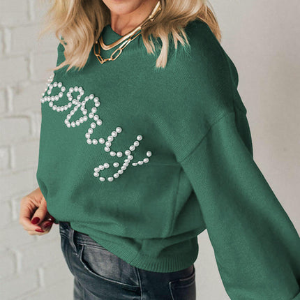 Round Neck Beaded Pullover Sweater Women Casual Drop Shoulder Long Sleeve Top