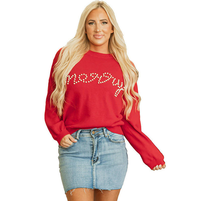 Round Neck Beaded Pullover Sweater Women Casual Drop Shoulder Long Sleeve Top