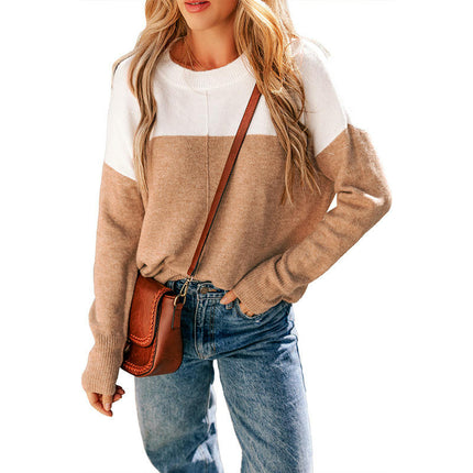 Round Neck Pullover Knitted Sweater Womens Contrast Color Casual Long Sleeve Top
