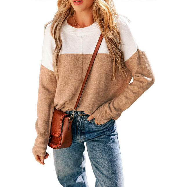 Round Neck Pullover Knitted Sweater Womens Contrast Color Casual Long Sleeve Top