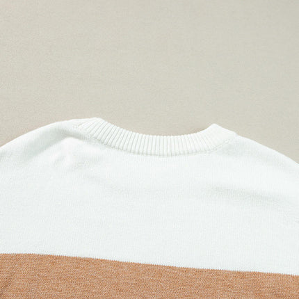 Round Neck Pullover Knitted Sweater Womens Contrast Color Casual Long Sleeve Top