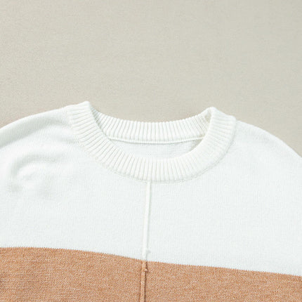 Round Neck Pullover Knitted Sweater Womens Contrast Color Casual Long Sleeve Top