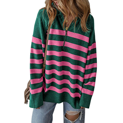 Half Zipper Pullover Sweater Women's Casual Loose Striped Printed Sweater