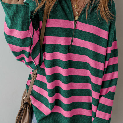 Half Zipper Pullover Sweater Women's Casual Loose Striped Printed Sweater
