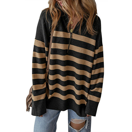 Half Zipper Pullover Sweater Women's Casual Loose Striped Printed Sweater