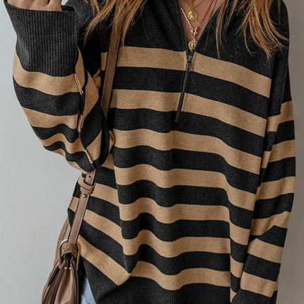 Half Zipper Pullover Sweater Women's Casual Loose Striped Printed Sweater