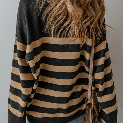 Half Zipper Pullover Sweater Women's Casual Loose Striped Printed Sweater