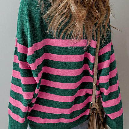 Half Zipper Pullover Sweater Women's Casual Loose Striped Printed Sweater