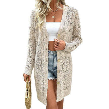 Hollow Button Knitted Cardigan Women's Loose Casual Long Cardigan Sweater