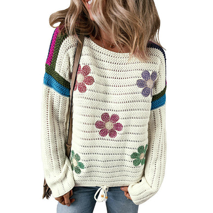 Floral Colorblock Pullover Sweater Women's Drop Shoulder Knit Long Sleeve Top