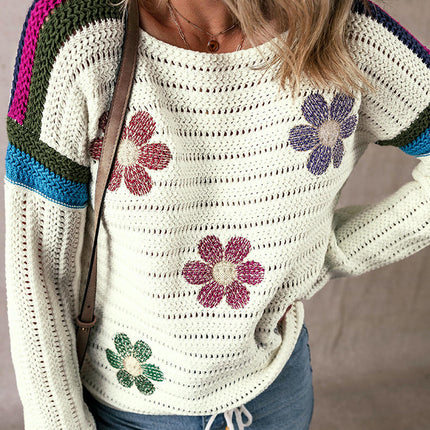 Floral Colorblock Pullover Sweater Women's Drop Shoulder Knit Long Sleeve Top